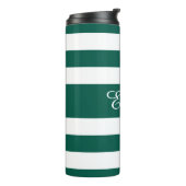 Moderne groene gestreepte scriptnaam thermosbeker (Gedraaid links)