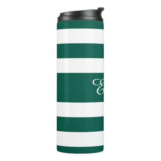 Moderne groene gestreepte scriptnaam thermosbeker (Gedraaid links)