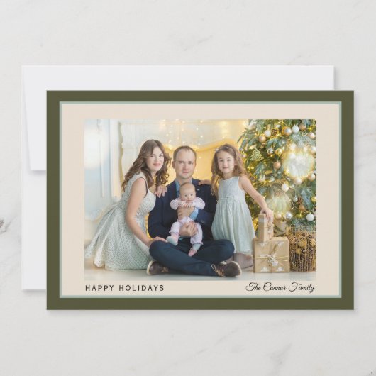 Moderne groene gezinsfoto prettige feestdagen feestdagenkaart (Voorkant)