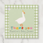 Moderne Groene Gingham Dwaze Gans Baby Shower Bedankjes Labels (Voorkant)