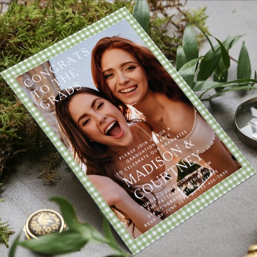 Moderne Groene Gingham Fotoafstudeerfeest Kaart
