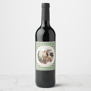 Moderne groene gingham ruit aangepaste foto Kerstm Wijn Etiket