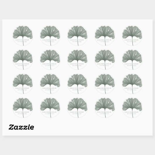 Moderne Groene Ginkgo Monogram Huwelijk Ronde Sticker (Vel)
