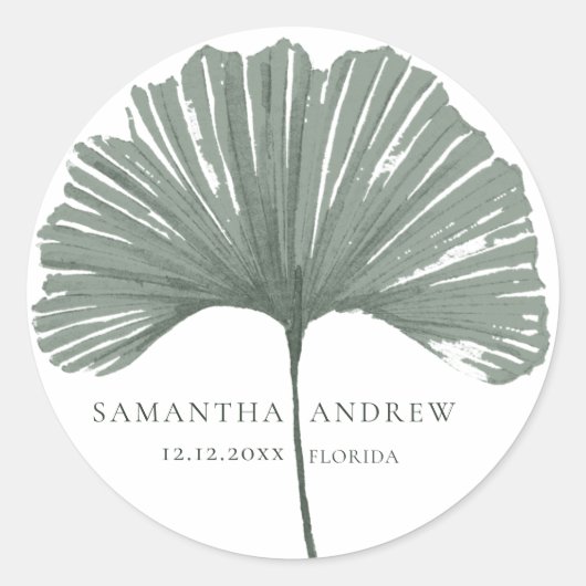 Moderne Groene Ginkgo Monogram Trouwdag Ronde Sticker (Voorkant)