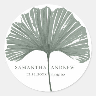Moderne Groene Ginkgo Monogram Trouwdag Ronde Sticker