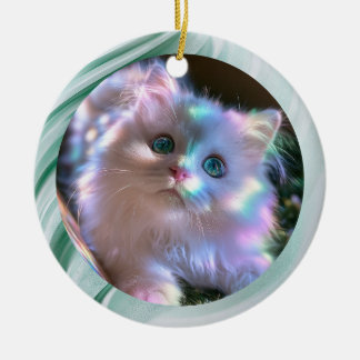 Moderne Groene Glasachtige Wervelende Kitten Foto Keramisch Ornament