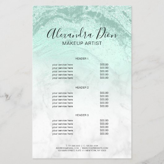 Moderne, groene glitter marmer make-up artiest flyer (Voorkant)