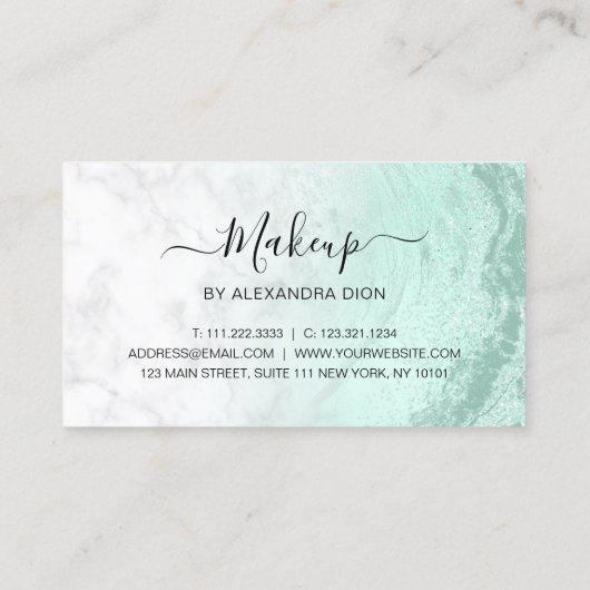 Moderne, groene glitter marmer make-up artiest visitekaartje (Achterkant)