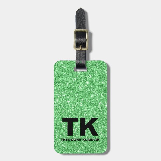 Moderne groene glitterprint bagagelabel (Voorkant verticaal)
