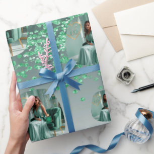 Moderne groene glitters ombre fototemplate verjaar cadeaupapier