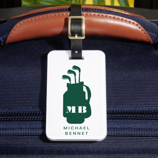 Moderne groene golf sport monogram bagagelabel (Voorkant Insitu 2)
