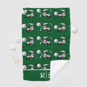 Moderne groene golfballen en kar met aangepaste mo golfhanddoek (Insitu)