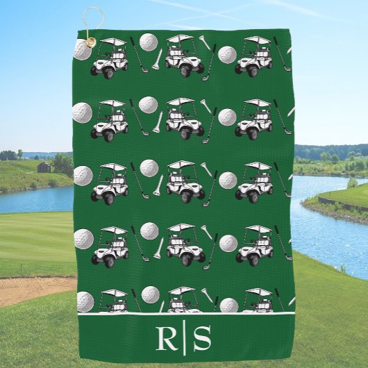 Moderne groene golfballen en kar met aangepaste mo golfhanddoek