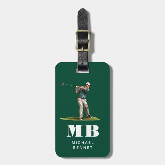 Moderne Groene Golfer Sport Monogram Bagagelabel (Voorkant verticaal)