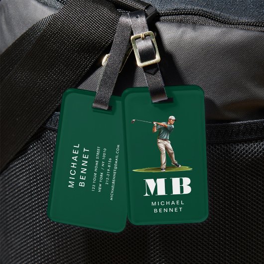 Moderne Groene Golfer Sport Monogram Bagagelabel