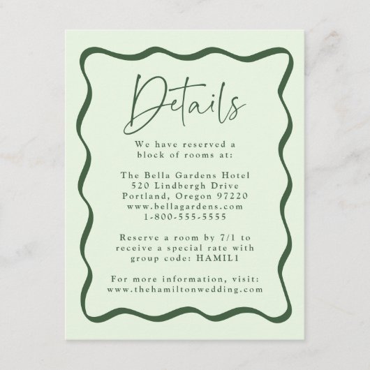 Moderne groene golvende Lijst bruiloft details Informatiekaartje (Voorkant)
