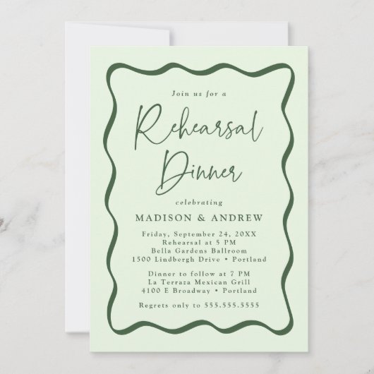 Moderne groene golvende lijst oefenbruiloft diner kaart (Voorkant)