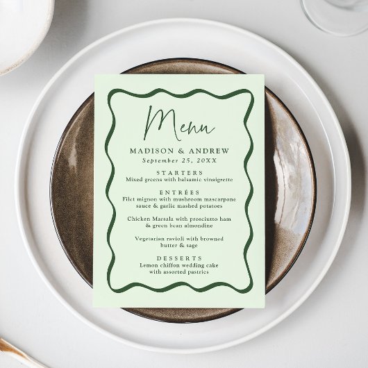 Moderne groene golvende lijst trouwfeest menu