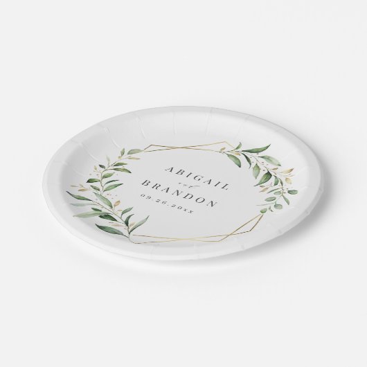 Moderne groene goud geometrische rustieke trouwdag papieren bordje (Gekanteld)