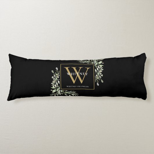 Moderne groene goud monogram zwart lichaamskussen (Voorkant)