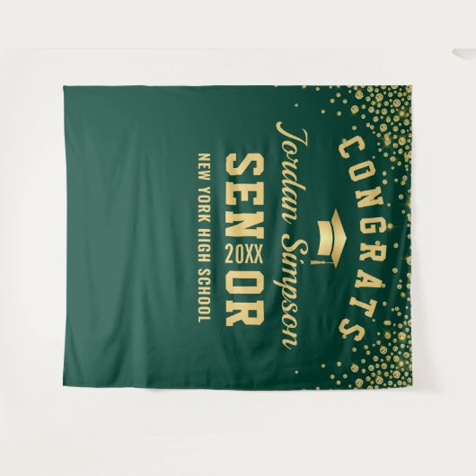 Moderne groene gouden afstudeerfoto booth achtergr wandkleed (Voorkant (horizontaal))