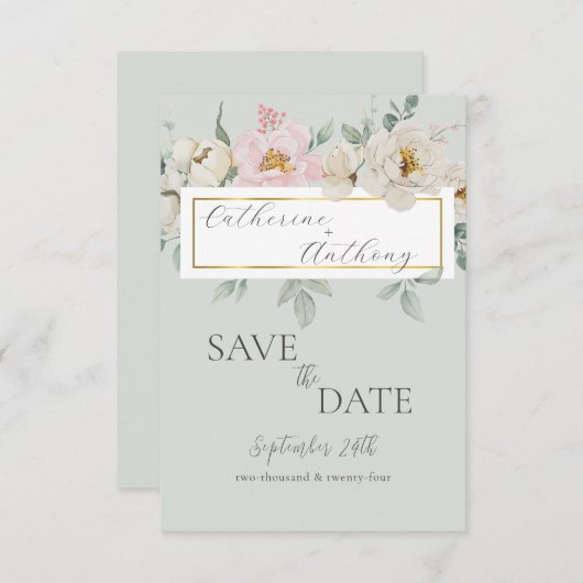 Moderne groene gouden bloemige bruiloft  save the date (Voorkant / Achterkant)