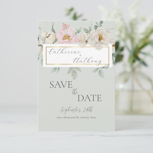 Moderne groene gouden bloemige trouw save the date (Staand voorkant)