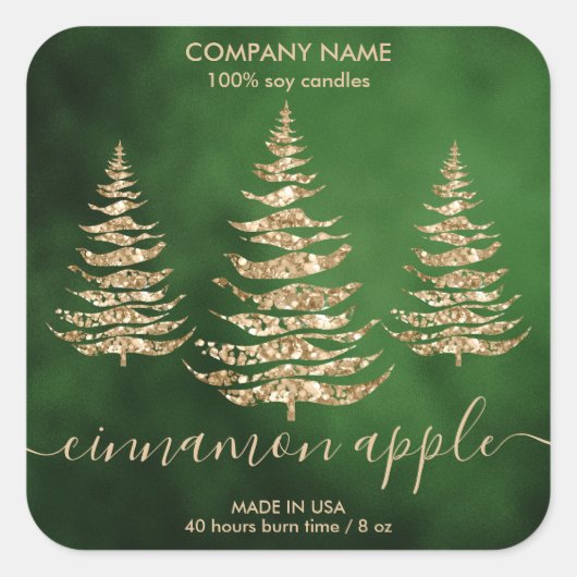 Moderne Groene Gouden Glitter Pine Kerstkaars Vierkante Sticker (Voorkant)