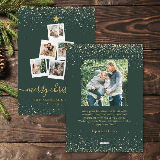 Moderne groene gouden kerstboom fotocollage feestdagenkaart