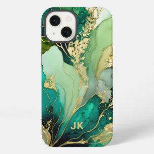 Moderne groene gouden marmeren monogram gepersonal iPhone 13 hoesje