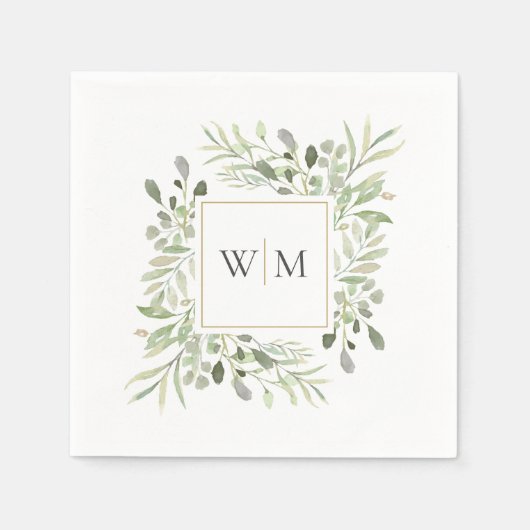 Moderne groene gouden monogram bruiloft servet (Voorkant)