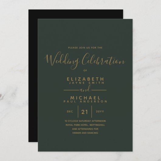 Moderne groene gouden trouwuitnodigingen (Voorkant / Achterkant)
