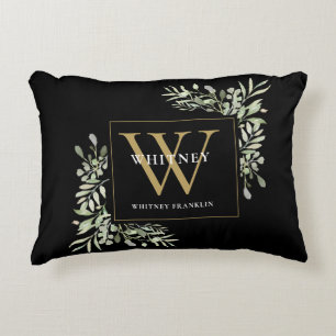 Moderne groene goudkleurige initiaal monogram zwar accent kussen