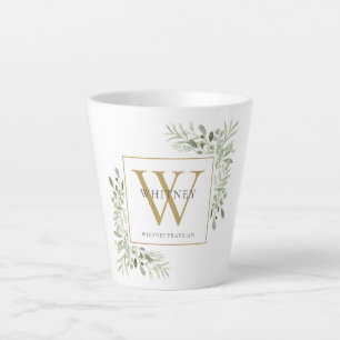 Moderne groene goudkleurige monogram sierlijk latte mok