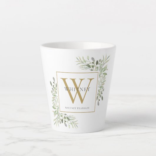 Moderne groene goudkleurige monogram sierlijk latte mok (Voorkant)