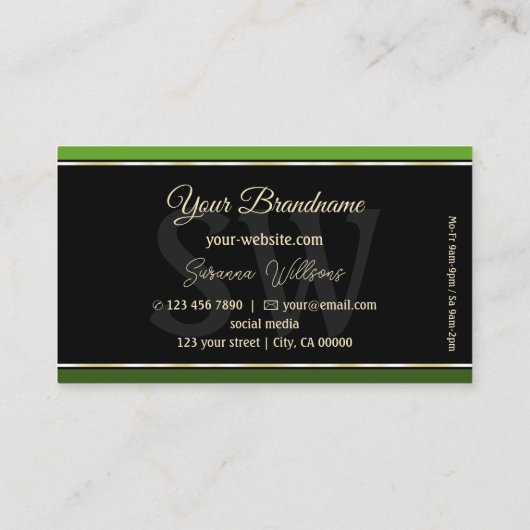 Moderne Groene Grenzen op Zwart Chique met Monogra Visitekaartje (Achterkant)