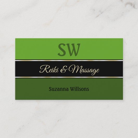 Moderne Groene Grenzen op Zwart Chique met Monogra Visitekaartje (Voorkant)