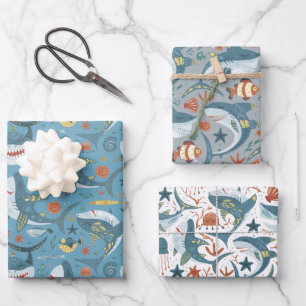 Moderne Groene Grijze Haaien Oceaan Zee Verjaardag Inpakpapier Vel