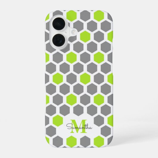 Moderne groene grijze hexagon met naam monogram iPhone 16 hoesje (Achterkant)
