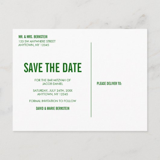 Moderne Groene Grunge Bar Mitzvah Save the Date Aankondigingskaart (Achterkant)