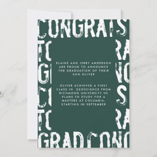 Moderne groene grungy foto afstudeeraankondiging kaart (Achterkant)