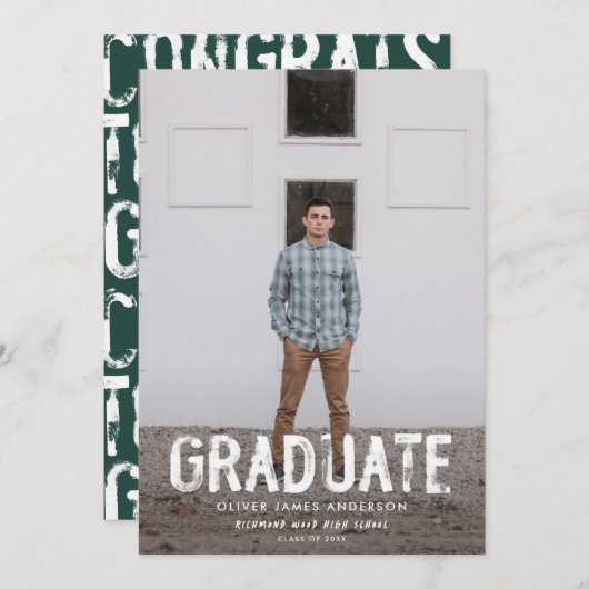 Moderne groene grungy foto afstudeeraankondiging kaart (Voorkant / Achterkant)