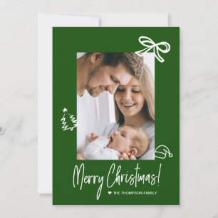Moderne groene handgetekende krabbel foto Kerstmis Feestdagenkaart
