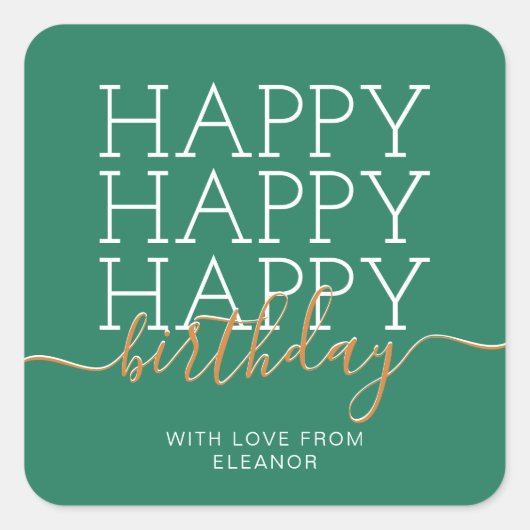 Moderne groene Happy Birthday Vierkante Sticker (Voorkant)