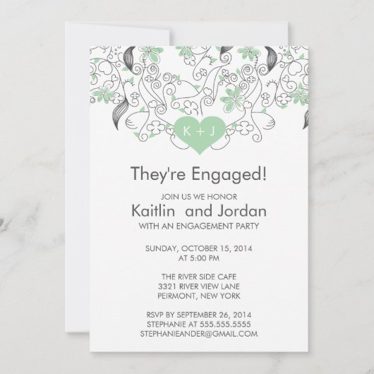 Moderne Groene Hart met Flowers Engagement Party Kaart (Voorkant)