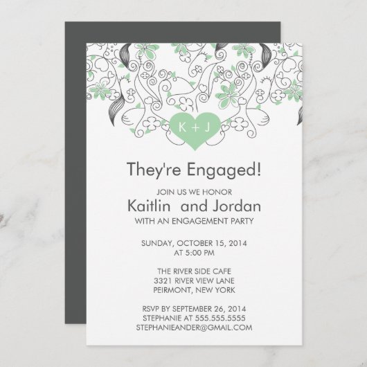 Moderne Groene Hart met Flowers Engagement Party Kaart (Voorkant / Achterkant)