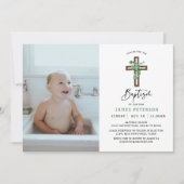 Moderne Groene Jongens Doop Feest Foto Kaart (Voorkant)