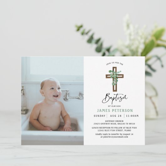 Moderne Groene Jongens Doop Feest Foto Kaart (Staand voorkant)