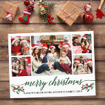 Moderne groene kalligrafie 5 Kerstfeest Briefkaart<br><div class="desc">Modern Kalligrafie Script 5 Fotofamilie Fotocollage Merry Christmas Briefkaart bevat Waterverf kerst Holly Berries - Groen Script</div>
