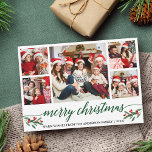 Moderne groene kalligrafie 5 Kerstfeest Feestdagenkaart<br><div class="desc">Moderne kalligrafie script 5 Fotoserie Collage Merry kerstkaart met Waterverf kerst Holly Berries - Groen script</div>
